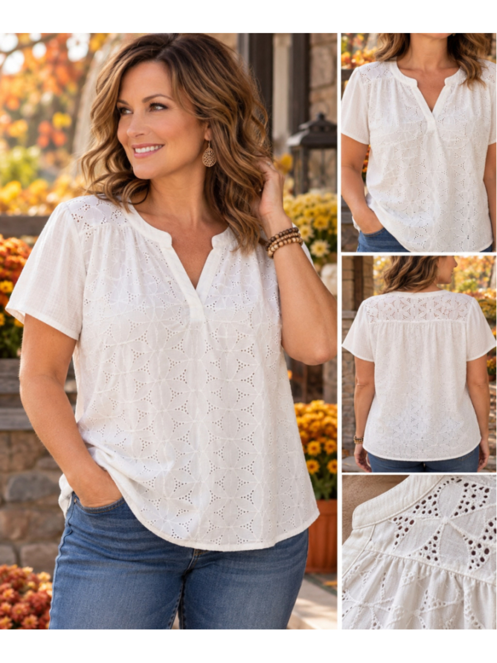 Women's St. John's Bay White Eyelet Detail Blouse Size XL
